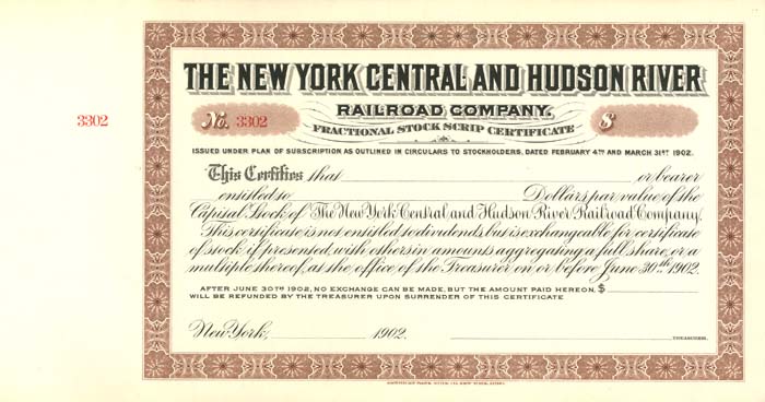 New York Central and Hudson River Railroad Co. - Fractional Scrip Stock Certificate